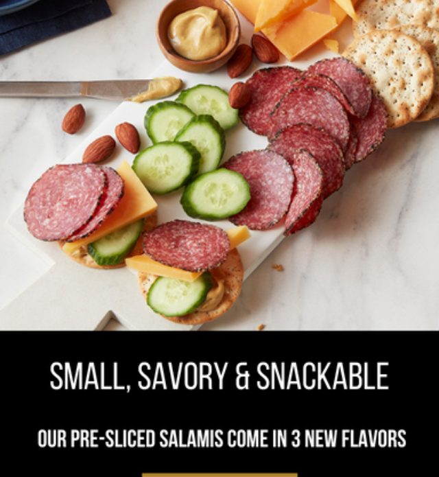 Pepper coated salami with cheese and crackers. Our salami comes in 3 new flavors.