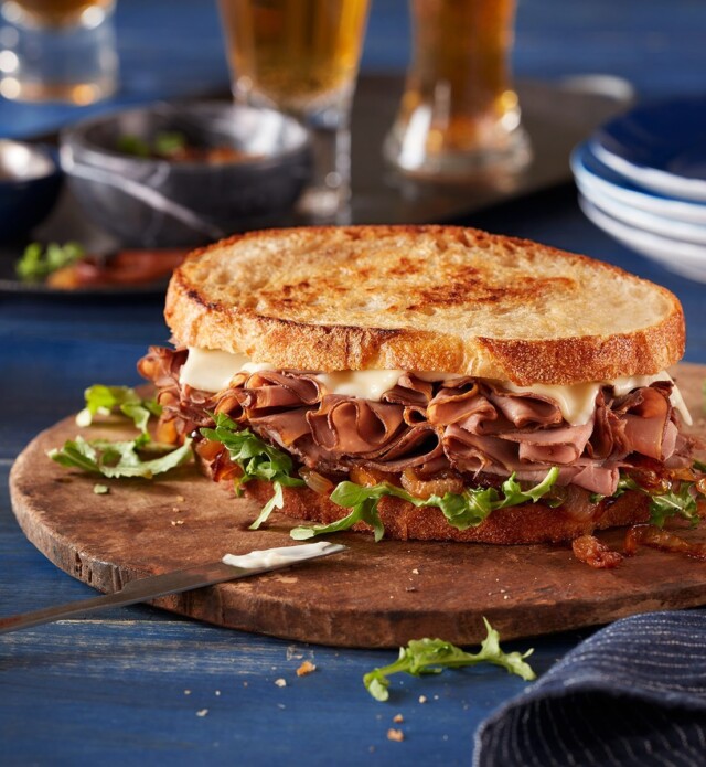 Grilled Roast Beef Sandwich With Caramelized Onions And Garlic Aioli Pillers